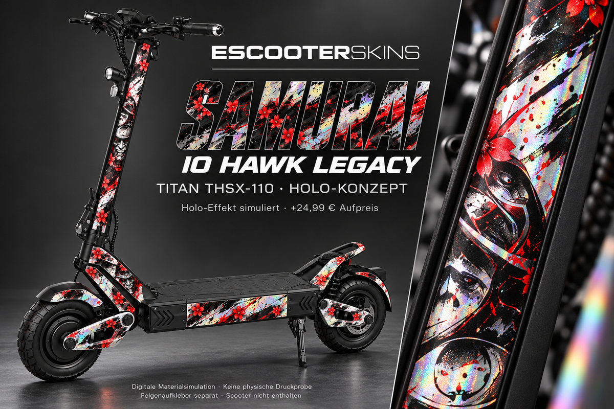 IO HAWK LEGACY SKIN | SAMURAI – Holo-Effekt simuliert; +24,99 EUR Aufpreis. Digitale Materialsimulation, keine physische Druckprobe. Nur Body-Skin; Scooter und Felgenaufkleber nicht enthalten.