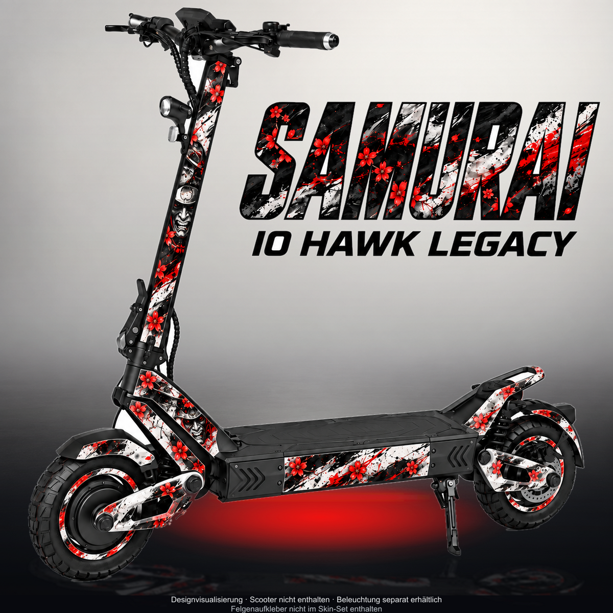 IO HAWK LEGACY SKIN | SAMURAI – Designvisualisierung mit Licht in der Skinfarbe; Scooter nicht enthalten, Beleuchtung separat erhältlich