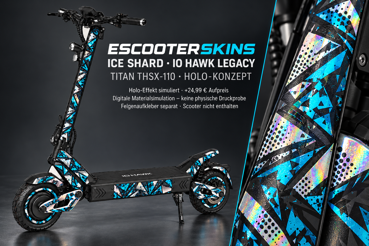 IO HAWK LEGACY SKIN | ICE SHARD – Holo-Effekt simuliert; +24,99 EUR Aufpreis. Digitale Materialsimulation, keine physische Druckprobe. Nur Body-Skin; Scooter und Felgenaufkleber nicht enthalten.