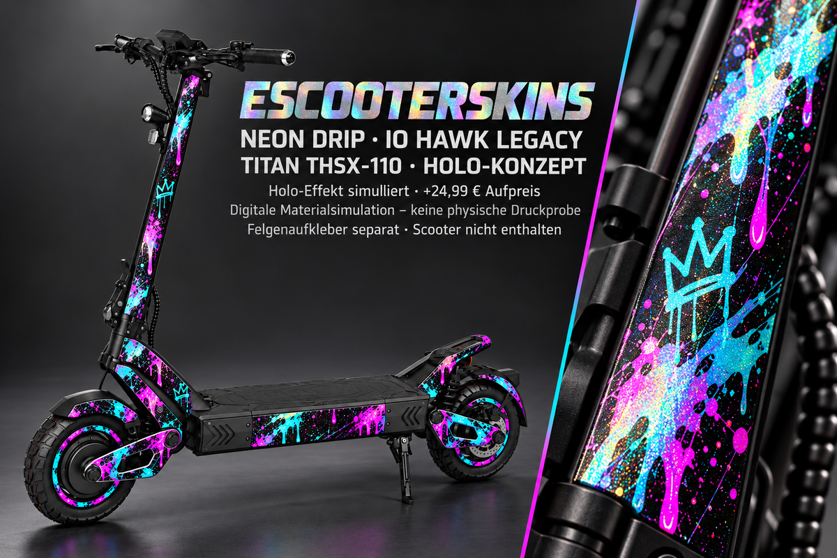 IO HAWK LEGACY SKIN | NEON DRIP – Holo-Effekt simuliert; +24,99 EUR Aufpreis. Digitale Materialsimulation, keine physische Druckprobe. Nur Body-Skin; Scooter und Felgenaufkleber nicht enthalten.