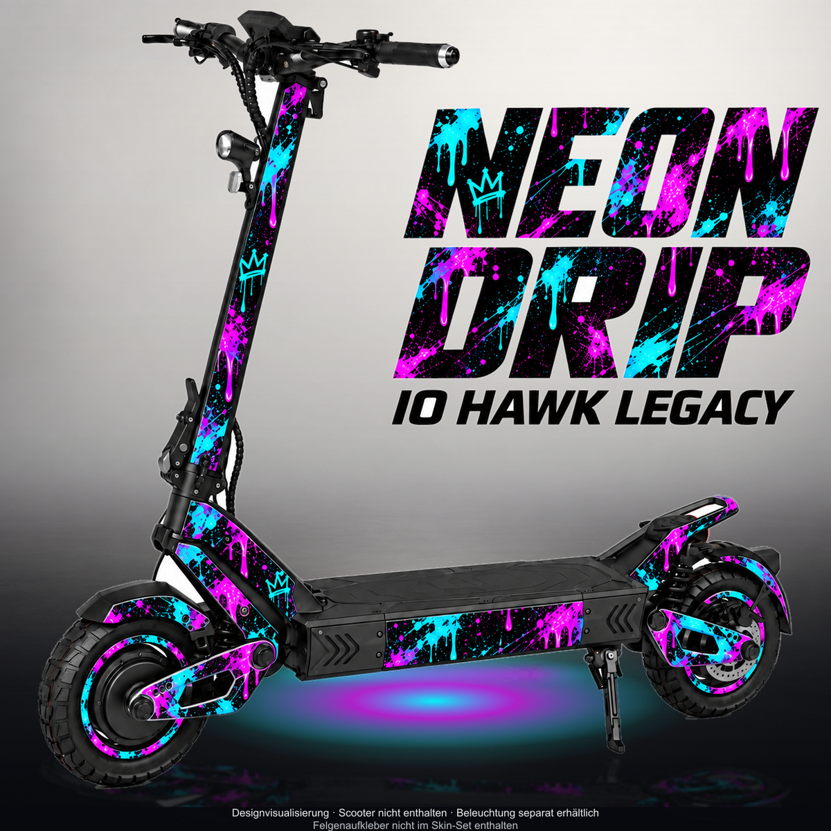 IO HAWK LEGACY SKIN | NEON DRIP – Designvisualisierung mit Licht in der Skinfarbe; Scooter nicht enthalten, Beleuchtung separat erhältlich