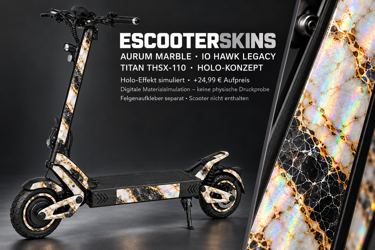 IO HAWK LEGACY SKIN | AURUM MARBLE – Holo-Effekt simuliert; +24,99 EUR Aufpreis. Digitale Materialsimulation, keine physische Druckprobe. Nur Body-Skin; Scooter und Felgenaufkleber nicht enthalten.