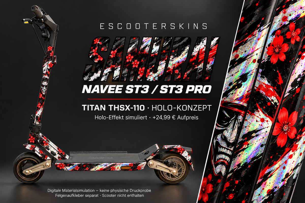 NAVEE ST3 / ST3 PRO SKIN | SAMURAI – Holo-Effekt simuliert; +24,99 EUR Aufpreis. Digitale Materialsimulation, keine physische Druckprobe. Nur Body-Skin; Trittbrett und Felgenaufkleber separat; Scooter nicht enthalten.