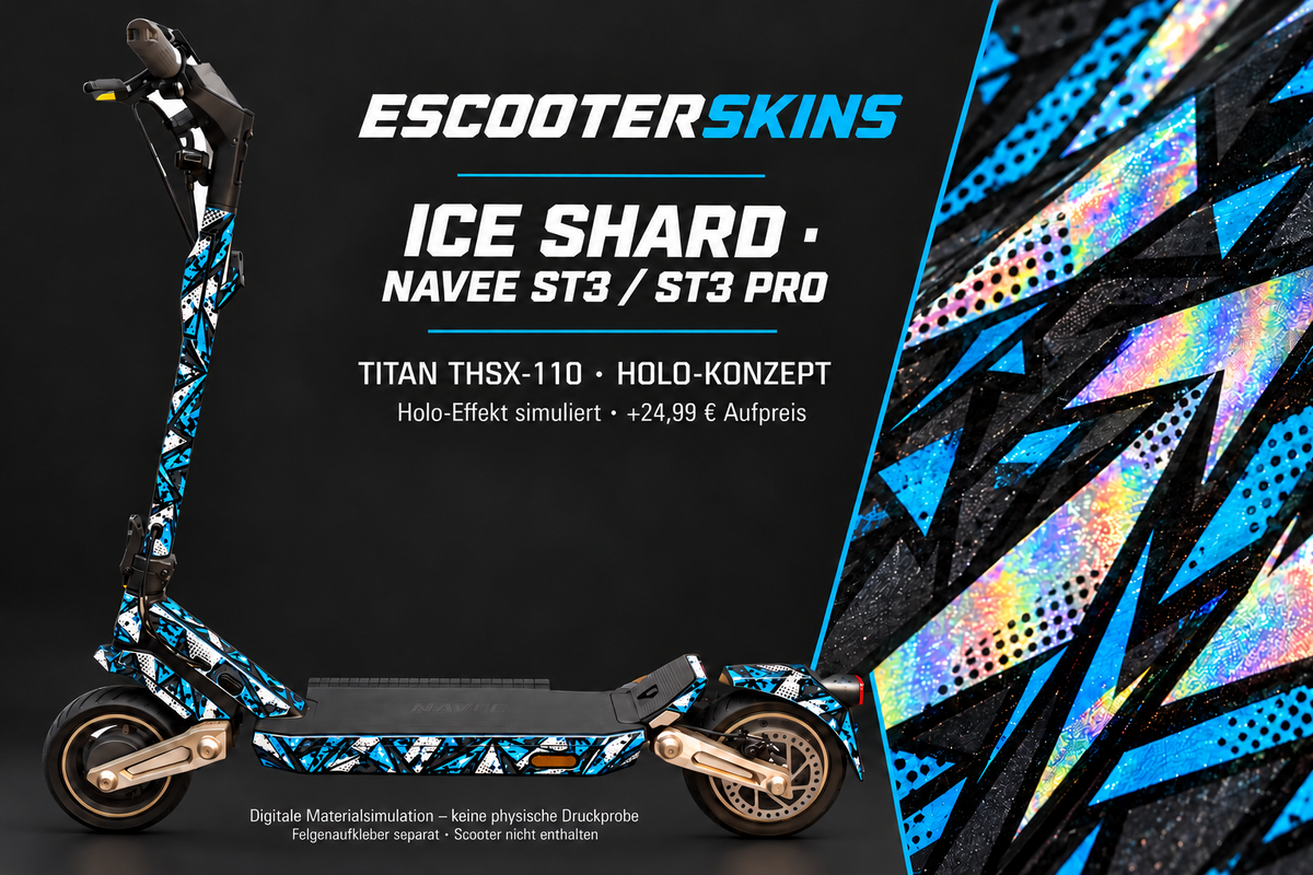 NAVEE ST3 / ST3 PRO SKIN | ICE SHARD – Holo-Effekt simuliert; +24,99 EUR Aufpreis. Digitale Materialsimulation, keine physische Druckprobe. Nur Body-Skin; Trittbrett und Felgenaufkleber separat; Scooter nicht enthalten.
