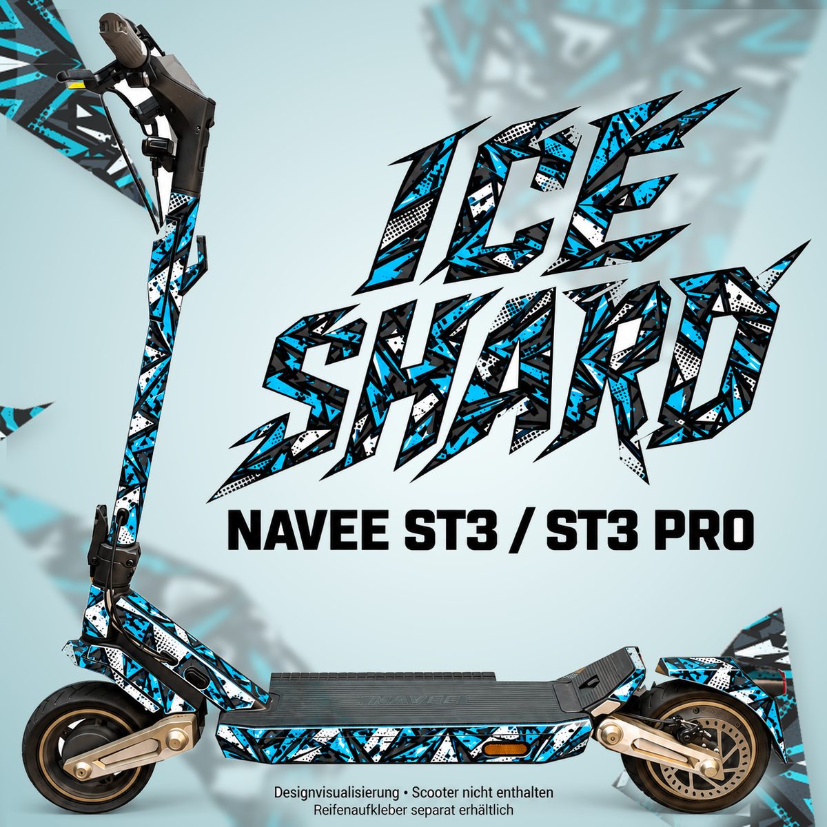 NAVEE ST3 / ST3 Pro Skin – ICE SHARD – Designvisualisierung auf den geprüften ST3-Folienflächen. Scooter nicht enthalten. Reifenaufkleber separat erhältlich.