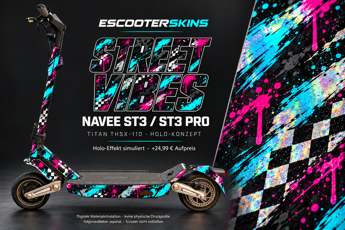 NAVEE ST3 / ST3 PRO SKIN | STREET VIBES – Holo-Effekt simuliert; +24,99 EUR Aufpreis. Digitale Materialsimulation, keine physische Druckprobe. Nur Body-Skin; Trittbrett und Felgenaufkleber separat; Scooter nicht enthalten.