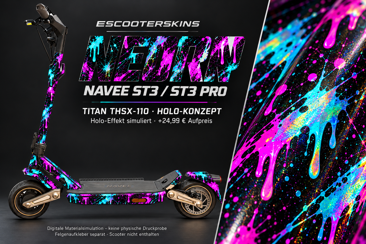 NAVEE ST3 / ST3 PRO SKIN | NEON DRIP – Holo-Effekt simuliert; +24,99 EUR Aufpreis. Digitale Materialsimulation, keine physische Druckprobe. Nur Body-Skin; Trittbrett und Felgenaufkleber separat; Scooter nicht enthalten.