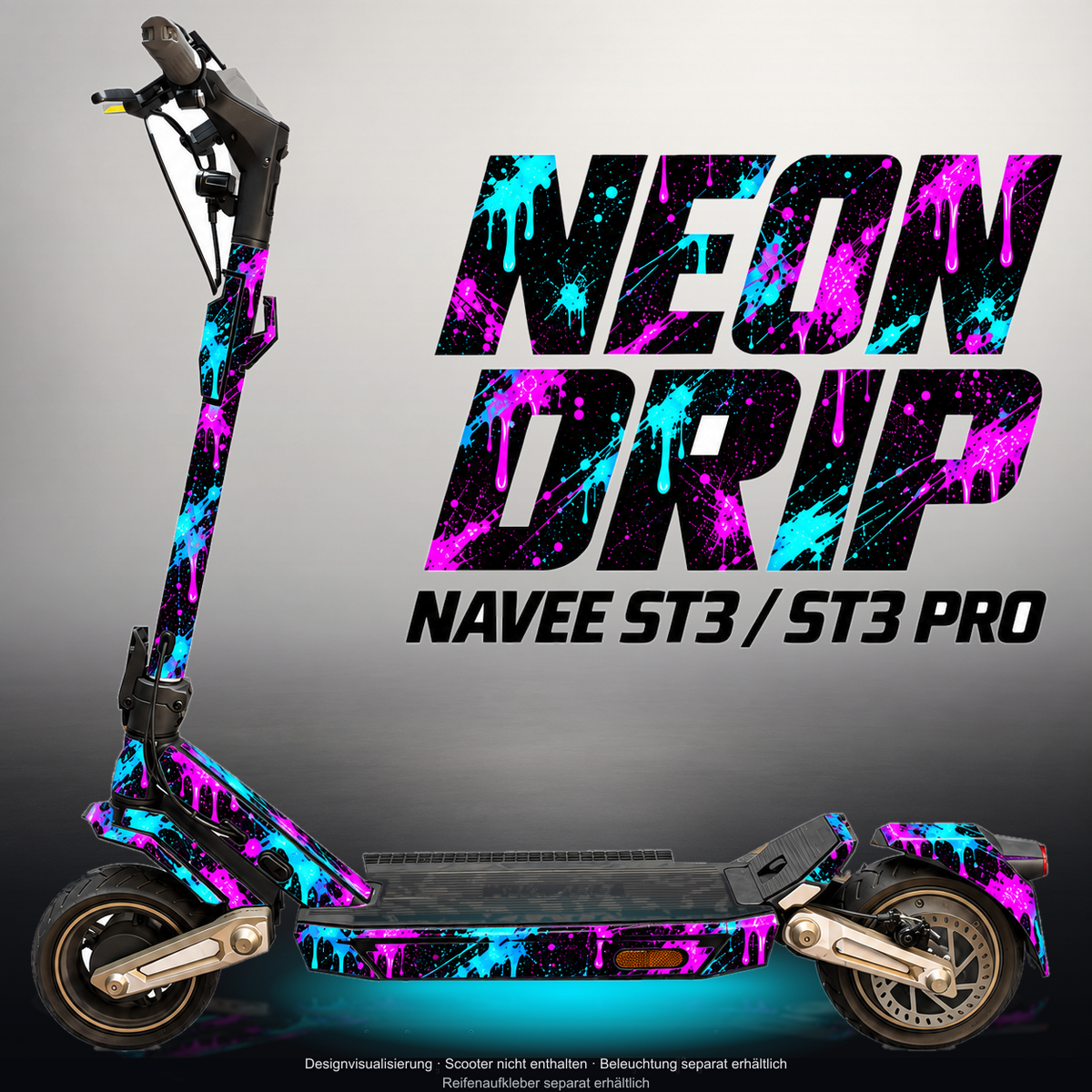 NAVEE ST3 / ST3 PRO SKIN | NEON DRIP – Designvisualisierung im Studio-Look mit Licht in der Skinfarbe; Scooter nicht enthalten, Beleuchtung separat erhältlich