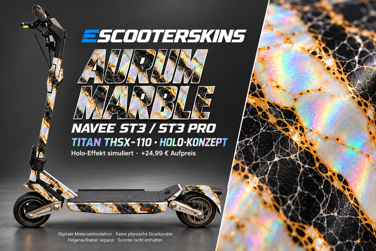 NAVEE ST3 / ST3 PRO SKIN | AURUM MARBLE – Holo-Effekt simuliert; +24,99 EUR Aufpreis. Digitale Materialsimulation, keine physische Druckprobe. Nur Body-Skin; Trittbrett und Felgenaufkleber separat; Scooter nicht enthalten.