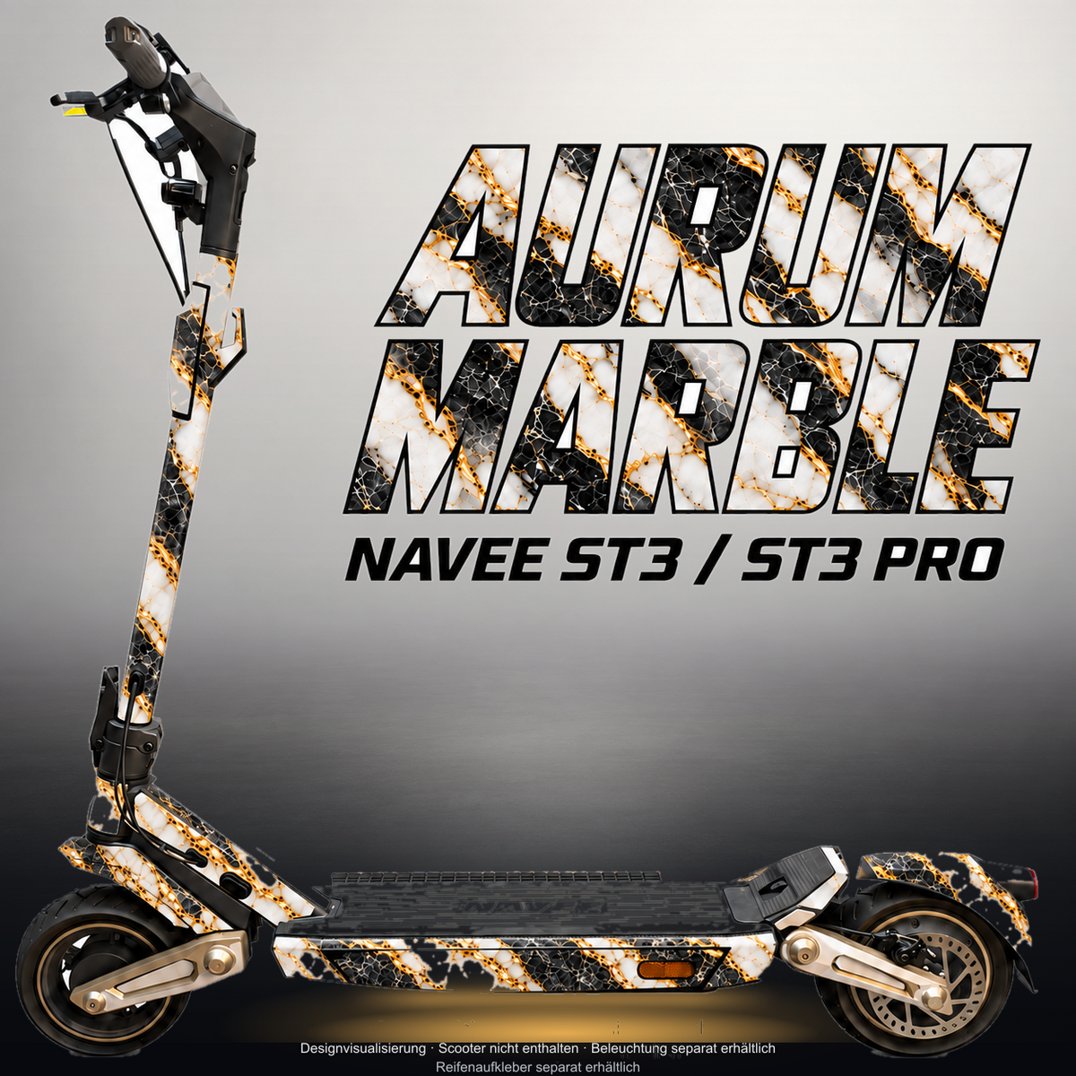 NAVEE ST3 / ST3 PRO SKIN | AURUM MARBLE – Designvisualisierung im Studio-Look mit Licht in der Skinfarbe; Scooter nicht enthalten, Beleuchtung separat erhältlich