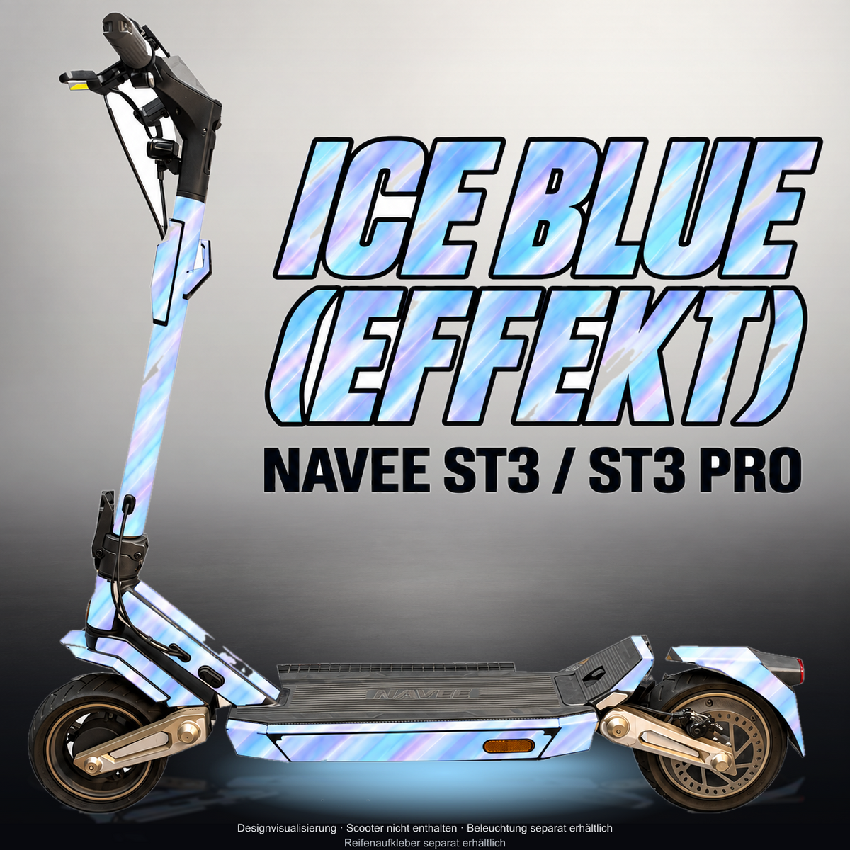 NAVEE ST3 / ST3 PRO SKIN | ICE BLUE (EFFEKT) – Designvisualisierung im Studio-Look mit Licht in der Skinfarbe; Scooter nicht enthalten, Beleuchtung separat erhältlich