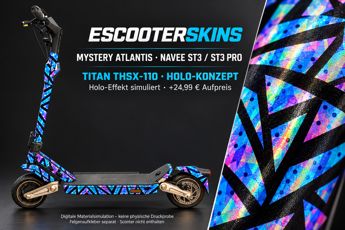 NAVEE ST3 / ST3 PRO SKIN | MYSTERY ATLANTIS – Holo-Effekt simuliert; +24,99 EUR Aufpreis. Digitale Materialsimulation, keine physische Druckprobe. Nur Body-Skin; Trittbrett und Felgenaufkleber separat; Scooter nicht enthalten.