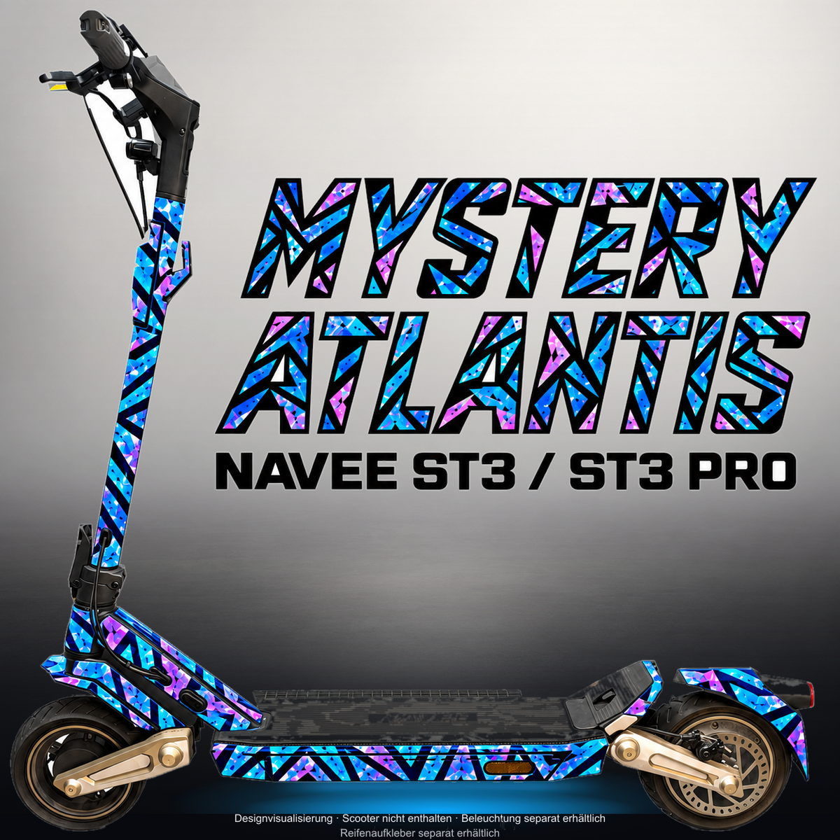 NAVEE ST3 / ST3 PRO SKIN | MYSTERY ATLANTIS – Designvisualisierung im Studio-Look mit Licht in der Skinfarbe; Scooter nicht enthalten, Beleuchtung separat erhältlich