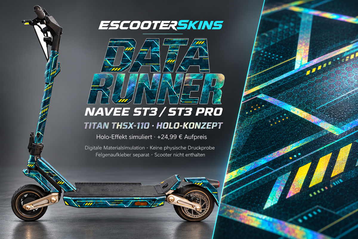 NAVEE ST3 / ST3 PRO SKIN | DATA RUNNER – Holo-Effekt simuliert; +24,99 EUR Aufpreis. Digitale Materialsimulation, keine physische Druckprobe. Nur Body-Skin; Trittbrett und Felgenaufkleber separat; Scooter nicht enthalten.