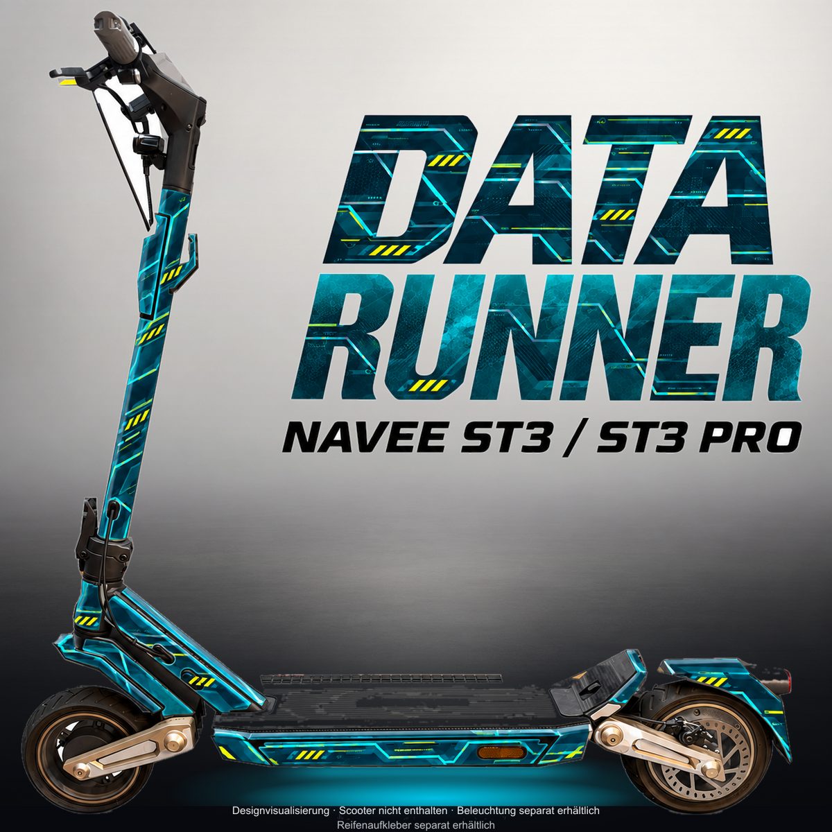 NAVEE ST3 / ST3 PRO SKIN | DATA RUNNER – Designvisualisierung im Studio-Look mit Licht in der Skinfarbe; Scooter nicht enthalten, Beleuchtung separat erhältlich