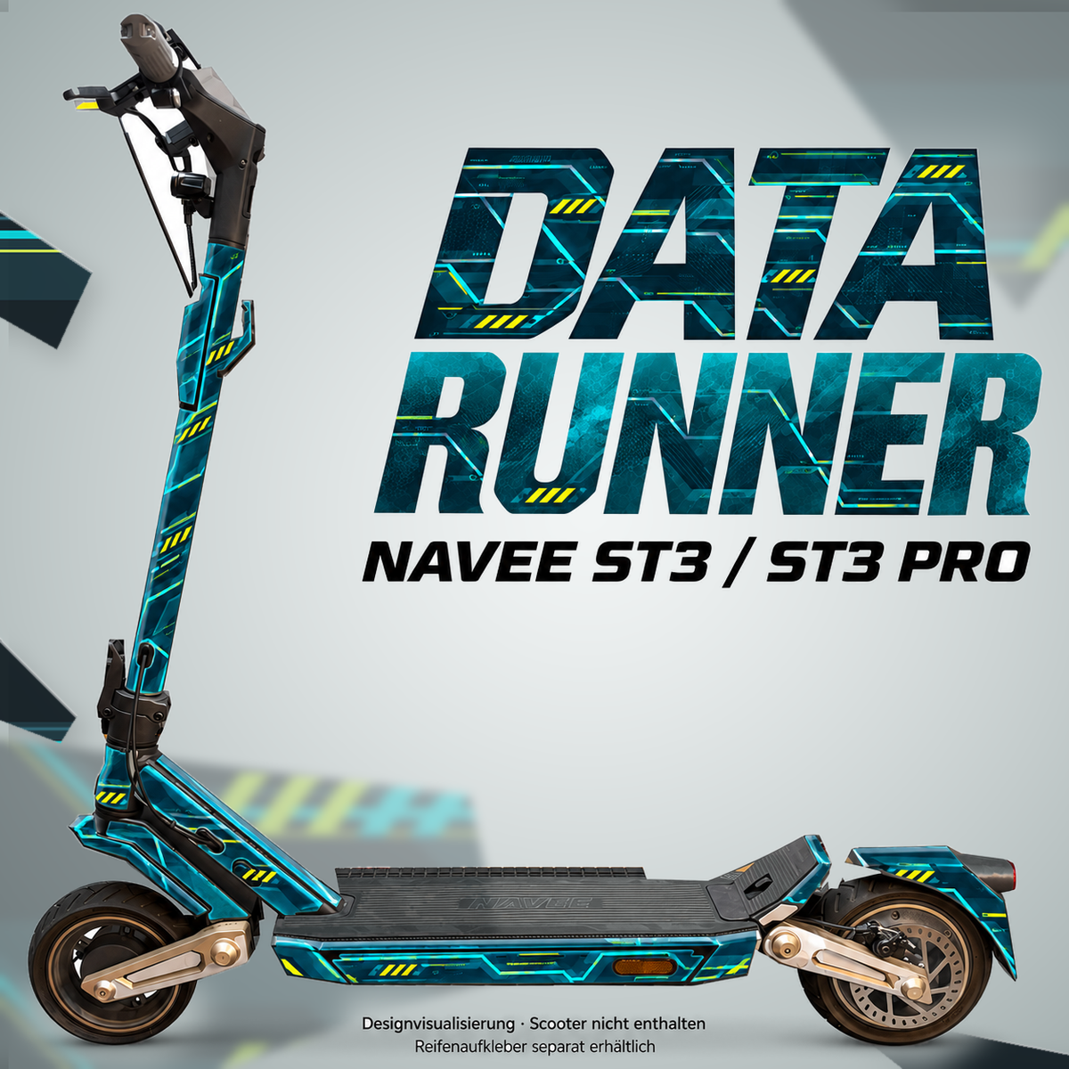 NAVEE ST3 / ST3 Pro Skin – DATA RUNNER – Designvisualisierung auf den geprüften ST3-Folienflächen. Scooter nicht enthalten. Reifenaufkleber separat erhältlich.