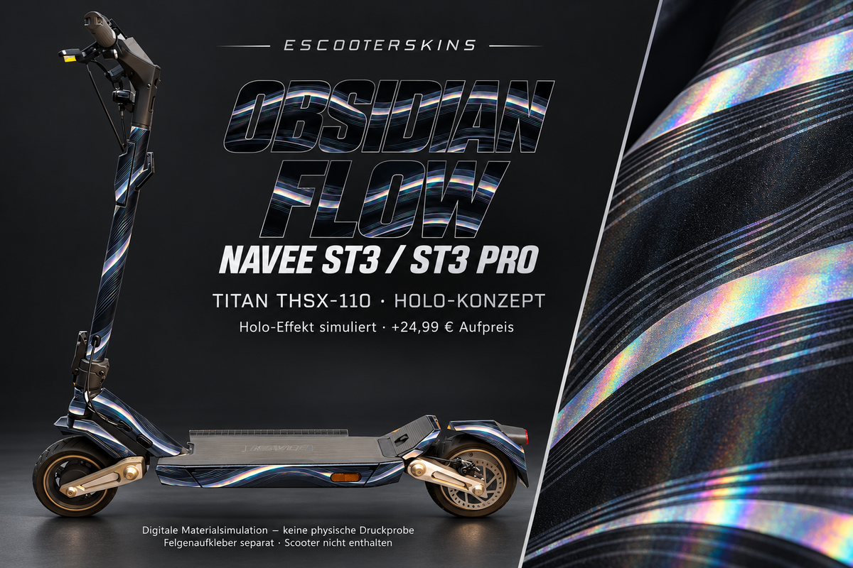 NAVEE ST3 / ST3 PRO SKIN | OBSIDIAN FLOW – Holo-Effekt simuliert; +24,99 EUR Aufpreis. Digitale Materialsimulation, keine physische Druckprobe. Nur Body-Skin; Trittbrett und Felgenaufkleber separat; Scooter nicht enthalten.
