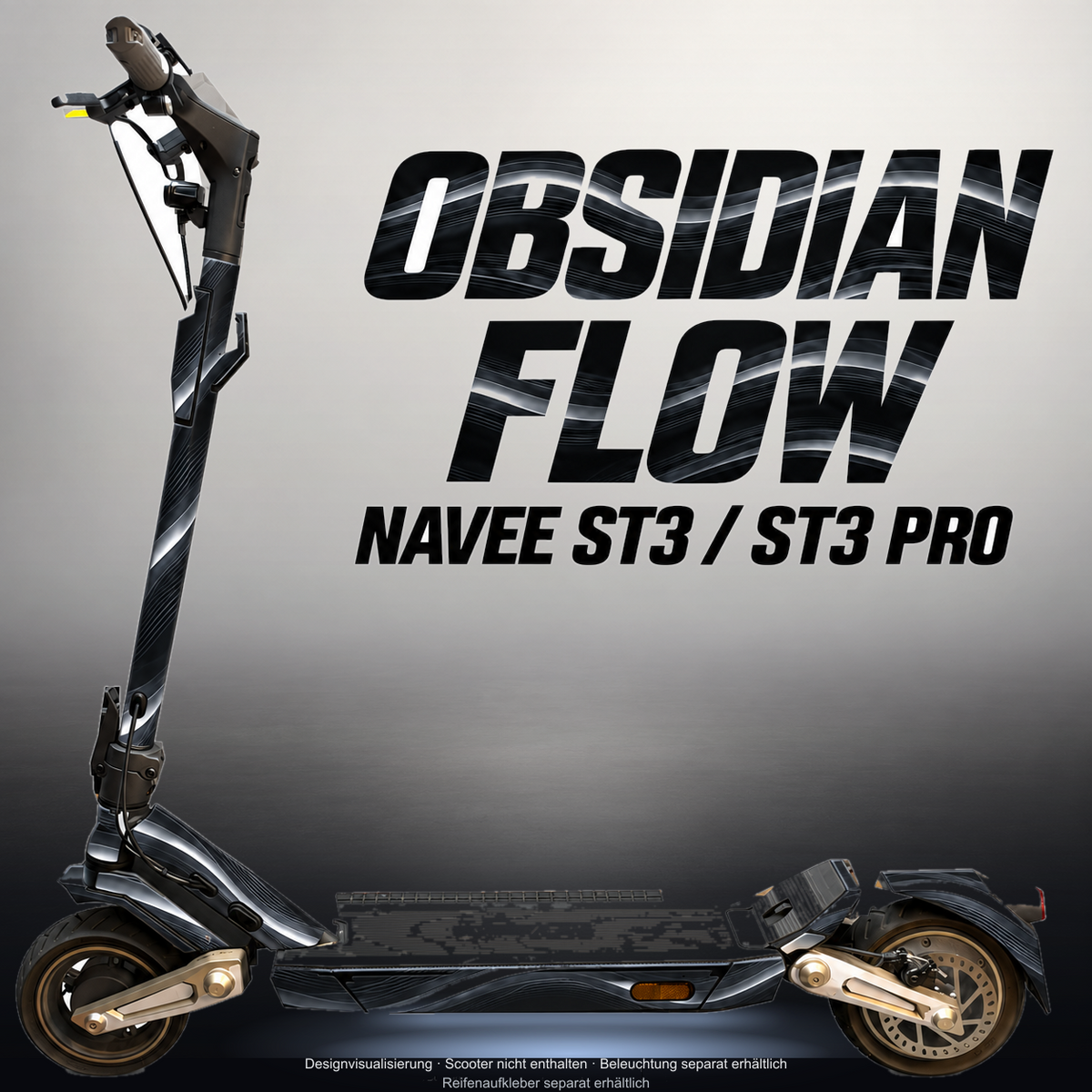 NAVEE ST3 / ST3 PRO SKIN | OBSIDIAN FLOW – Designvisualisierung im Studio-Look mit Licht in der Skinfarbe; Scooter nicht enthalten, Beleuchtung separat erhältlich