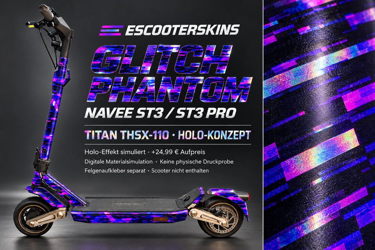 NAVEE ST3 / ST3 PRO SKIN | GLITCH PHANTOM – Holo-Effekt simuliert; +24,99 EUR Aufpreis. Digitale Materialsimulation, keine physische Druckprobe. Nur Body-Skin; Trittbrett und Felgenaufkleber separat; Scooter nicht enthalten.