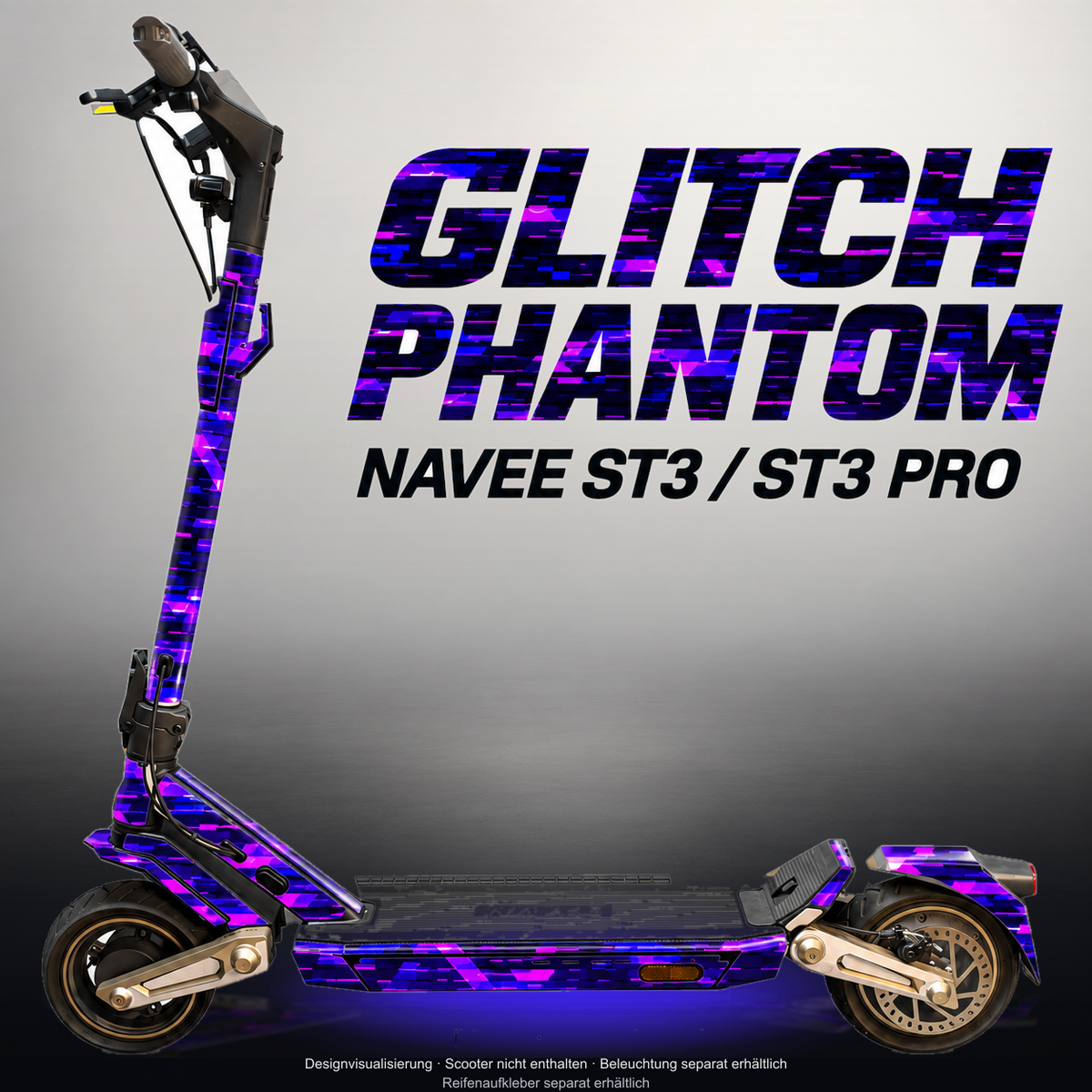 NAVEE ST3 / ST3 PRO SKIN | GLITCH PHANTOM – Designvisualisierung im Studio-Look mit Licht in der Skinfarbe; Scooter nicht enthalten, Beleuchtung separat erhältlich