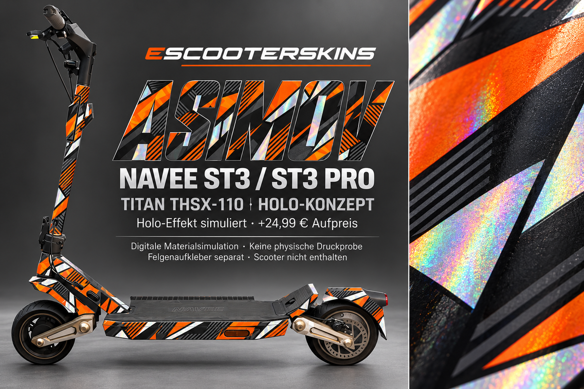 NAVEE ST3 / ST3 PRO SKIN | ASIMOV – Holo-Effekt simuliert; +24,99 EUR Aufpreis. Digitale Materialsimulation, keine physische Druckprobe. Nur Body-Skin; Trittbrett und Felgenaufkleber separat; Scooter nicht enthalten.