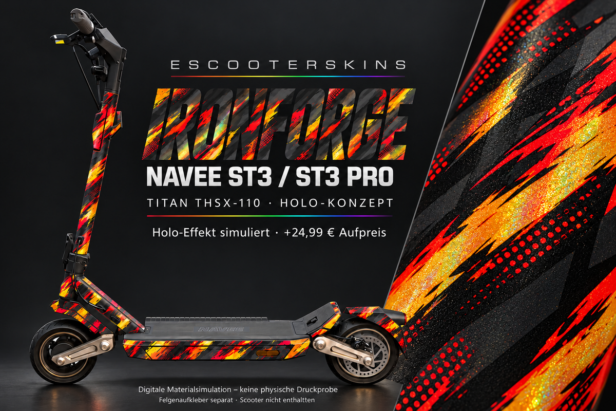 NAVEE ST3 / ST3 PRO SKIN | IRONFORGE – Holo-Effekt simuliert; +24,99 EUR Aufpreis. Digitale Materialsimulation, keine physische Druckprobe. Nur Body-Skin; Trittbrett und Felgenaufkleber separat; Scooter nicht enthalten.