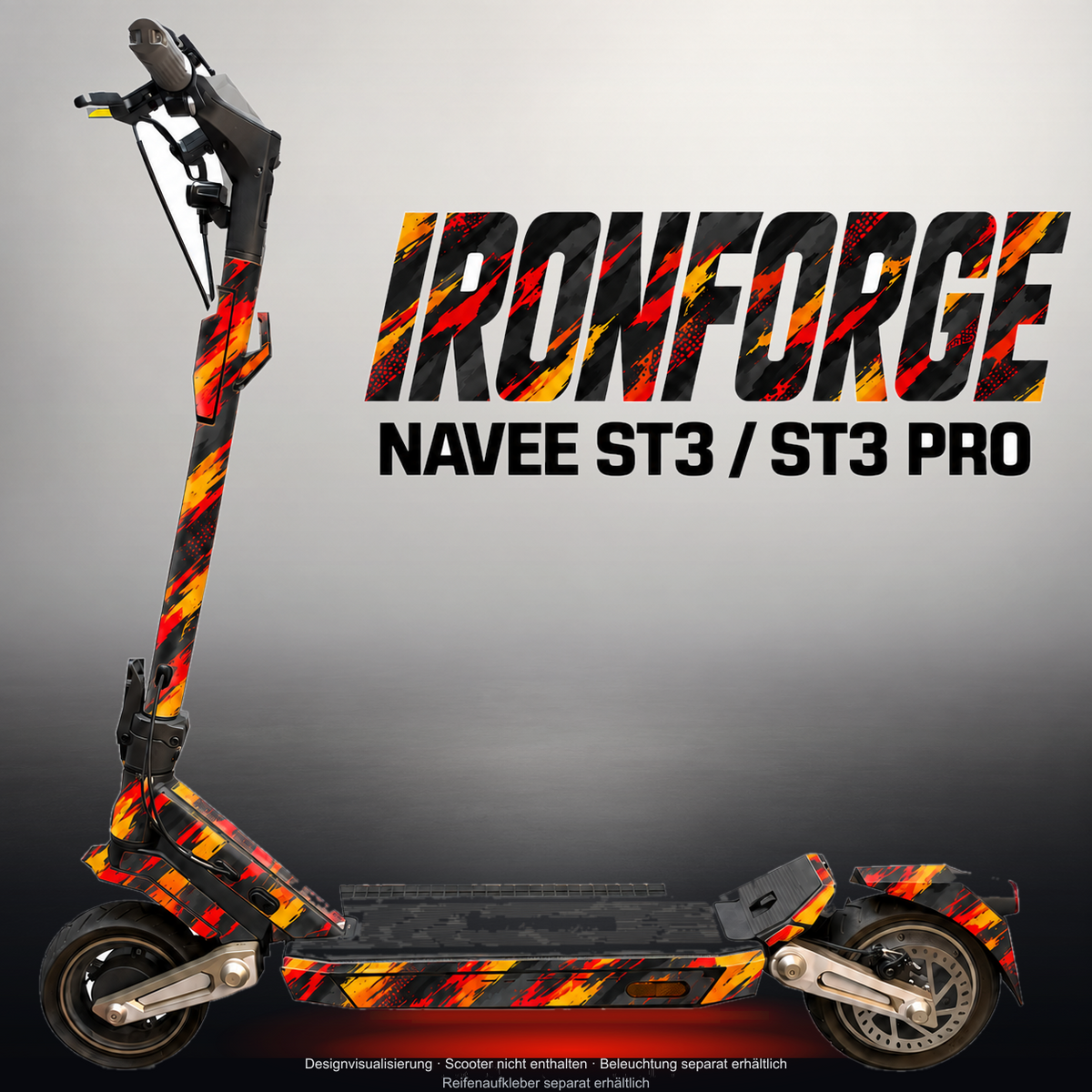 NAVEE ST3 / ST3 PRO SKIN | IRONFORGE – Designvisualisierung im Studio-Look mit Licht in der Skinfarbe; Scooter nicht enthalten, Beleuchtung separat erhältlich