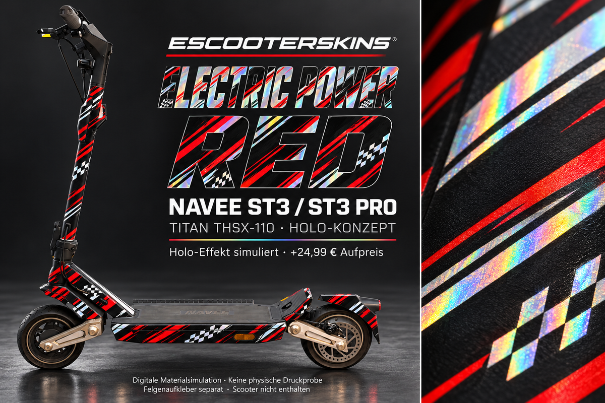 NAVEE ST3 / ST3 PRO SKIN | ELECTRIC POWER RED – Holo-Effekt simuliert; +24,99 EUR Aufpreis. Digitale Materialsimulation, keine physische Druckprobe. Nur Body-Skin; Trittbrett und Felgenaufkleber separat; Scooter nicht enthalten.