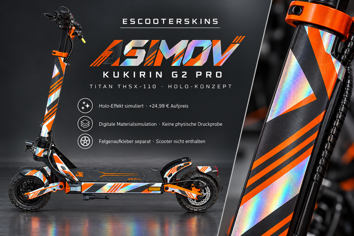 KUKIRIN G2 PRO SKIN | ASIMOV – Holo-Effekt simuliert; +24,99 EUR Aufpreis. Digitale Materialsimulation, keine physische Druckprobe. Nur Body-Skin; Scooter und Felgenaufkleber nicht enthalten.