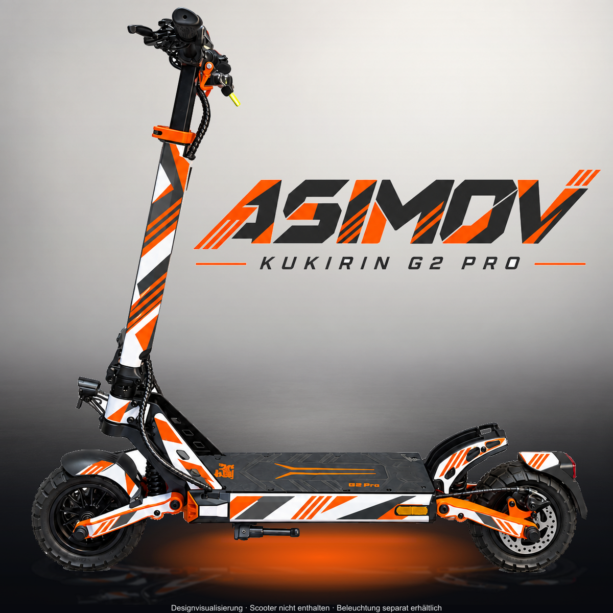 KUKIRIN G2 PRO SKIN | ASIMOV – Designvisualisierung im Studio-Look mit Licht in der Skinfarbe; Scooter nicht enthalten, Beleuchtung separat erhältlich