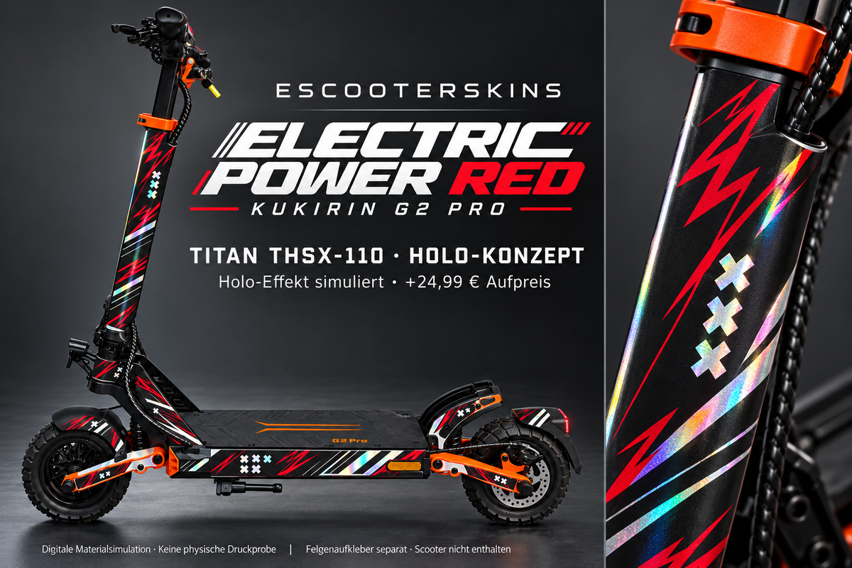 KUKIRIN G2 PRO SKIN | ELECTRIC POWER RED – Holo-Effekt simuliert; +24,99 EUR Aufpreis. Digitale Materialsimulation, keine physische Druckprobe. Nur Body-Skin; Scooter und Felgenaufkleber nicht enthalten.