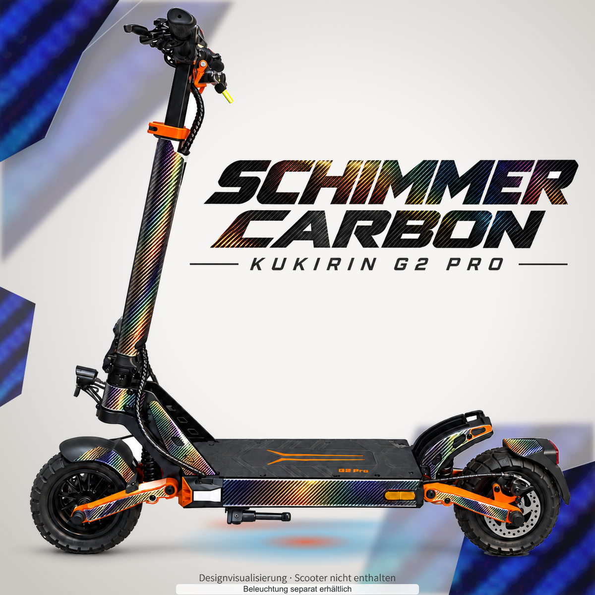 KUKIRIN G2 PRO SKIN | SCHIMMER CARBON – Designvisualisierung mit farblich passendem Lichtschein. Scooter nicht enthalten; Beleuchtung separat erhältlich.