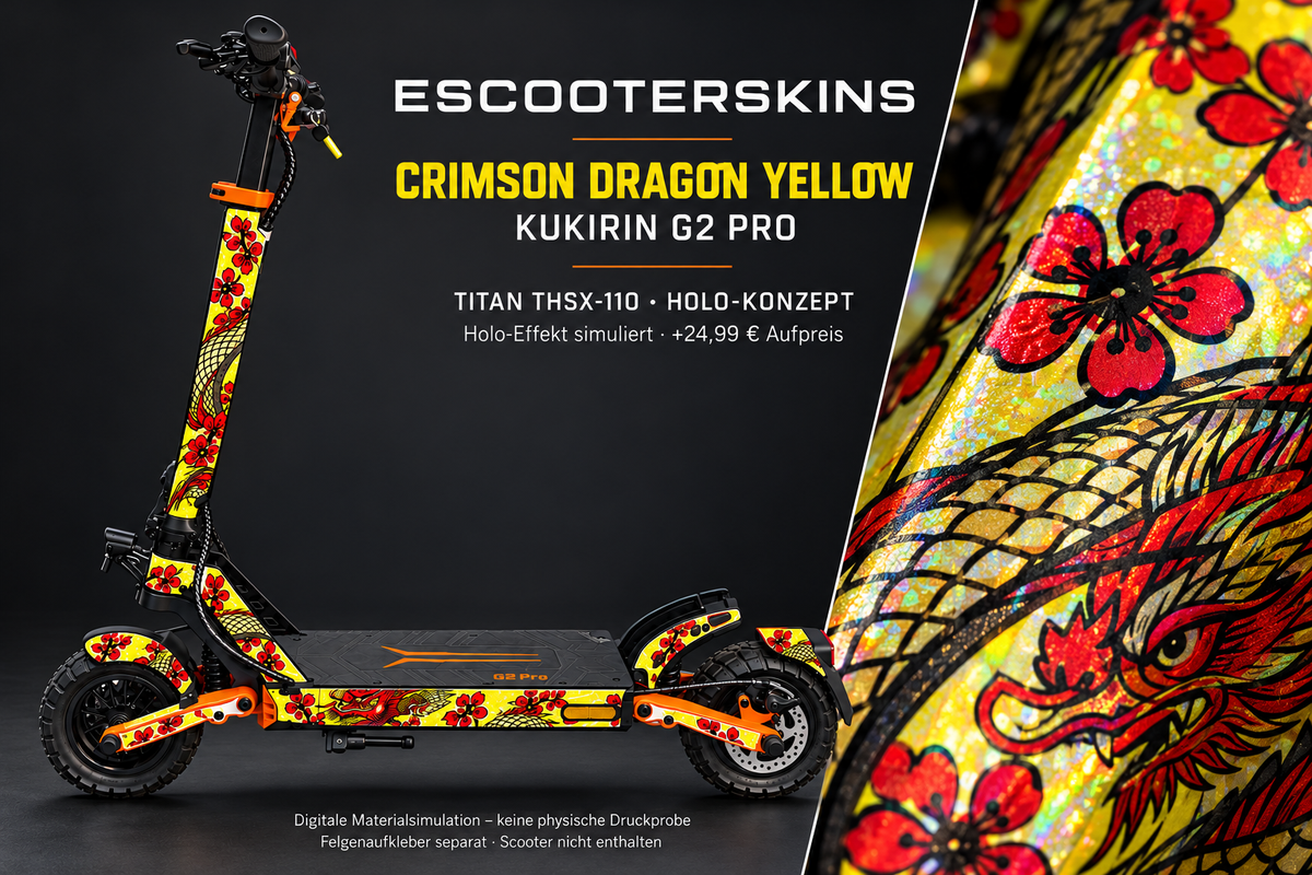 KUKIRIN G2 PRO SKIN | CRIMSON DRAGON YELLOW – Holo-Effekt simuliert; +24,99 EUR Aufpreis. Digitale Materialsimulation, keine physische Druckprobe. Nur Body-Skin; Scooter und Felgenaufkleber nicht enthalten.