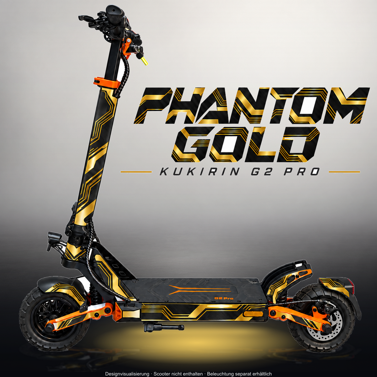 KUKIRIN G2 PRO SKIN | PHANTOM GOLD – Designvisualisierung im Studio-Look mit Licht in der Skinfarbe; Scooter nicht enthalten, Beleuchtung separat erhältlich