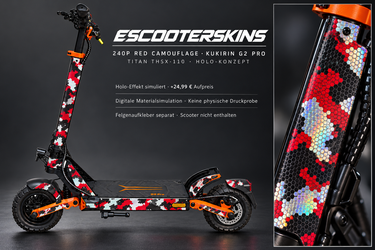 KUKIRIN G2 PRO SKIN | 240P RED CAMOUFLAGE – Holo-Effekt simuliert; +24,99 EUR Aufpreis. Digitale Materialsimulation, keine physische Druckprobe. Nur Body-Skin; Scooter und Felgenaufkleber nicht enthalten.