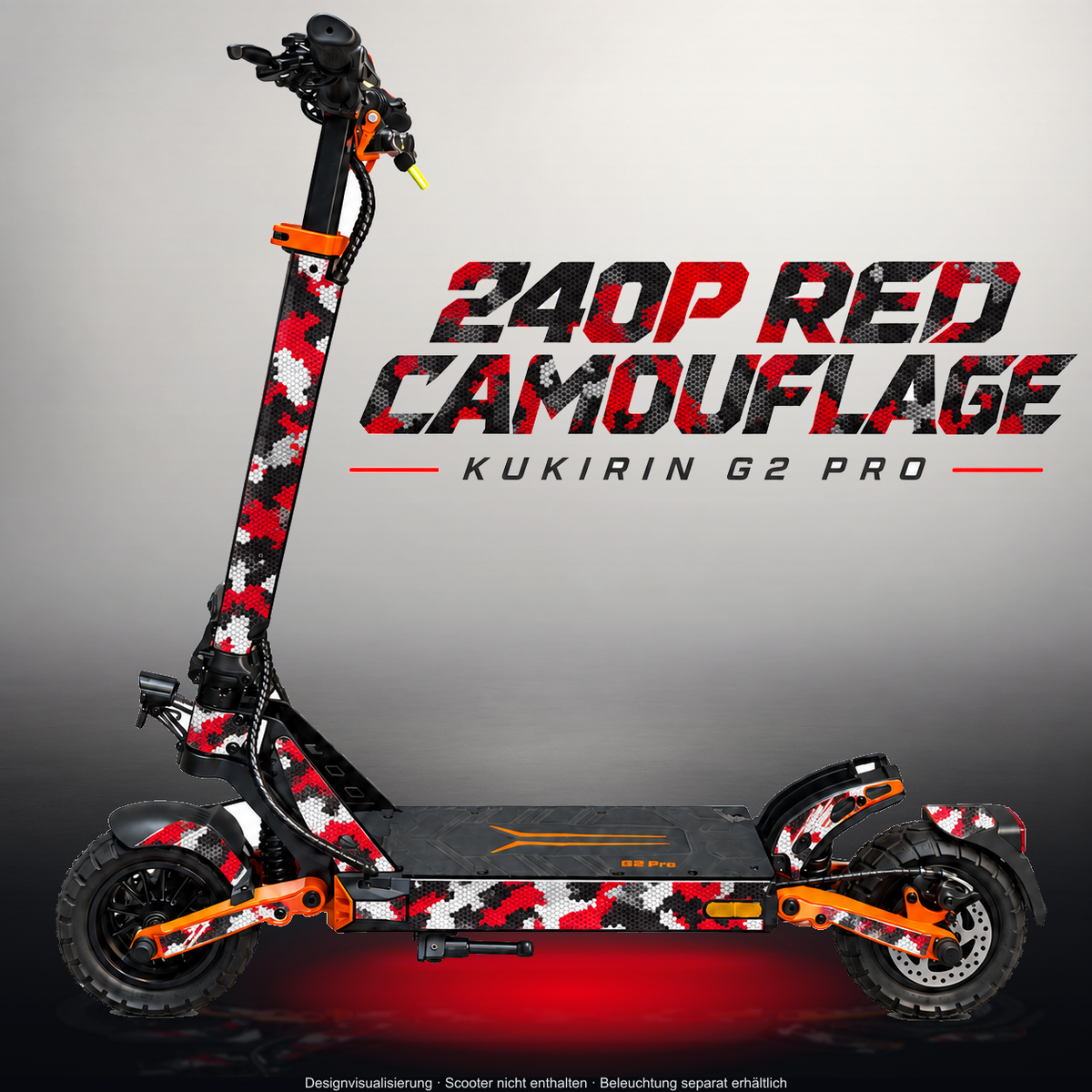 KUKIRIN G2 PRO SKIN | 240P RED CAMOUFLAGE – Designvisualisierung im Studio-Look mit Licht in der Skinfarbe; Scooter nicht enthalten, Beleuchtung separat erhältlich