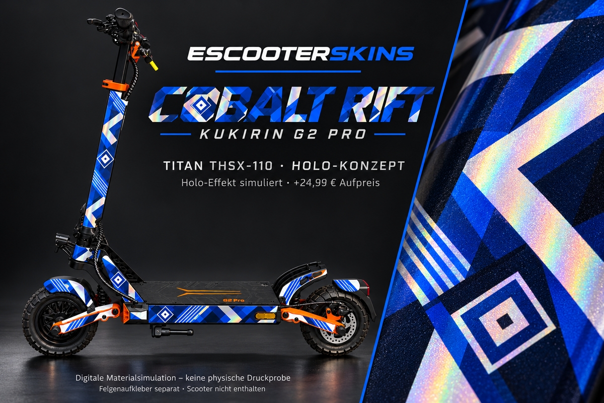 KUKIRIN G2 PRO SKIN | COBALT RIFT – Holo-Effekt simuliert; +24,99 EUR Aufpreis. Digitale Materialsimulation, keine physische Druckprobe. Nur Body-Skin; Scooter und Felgenaufkleber nicht enthalten.