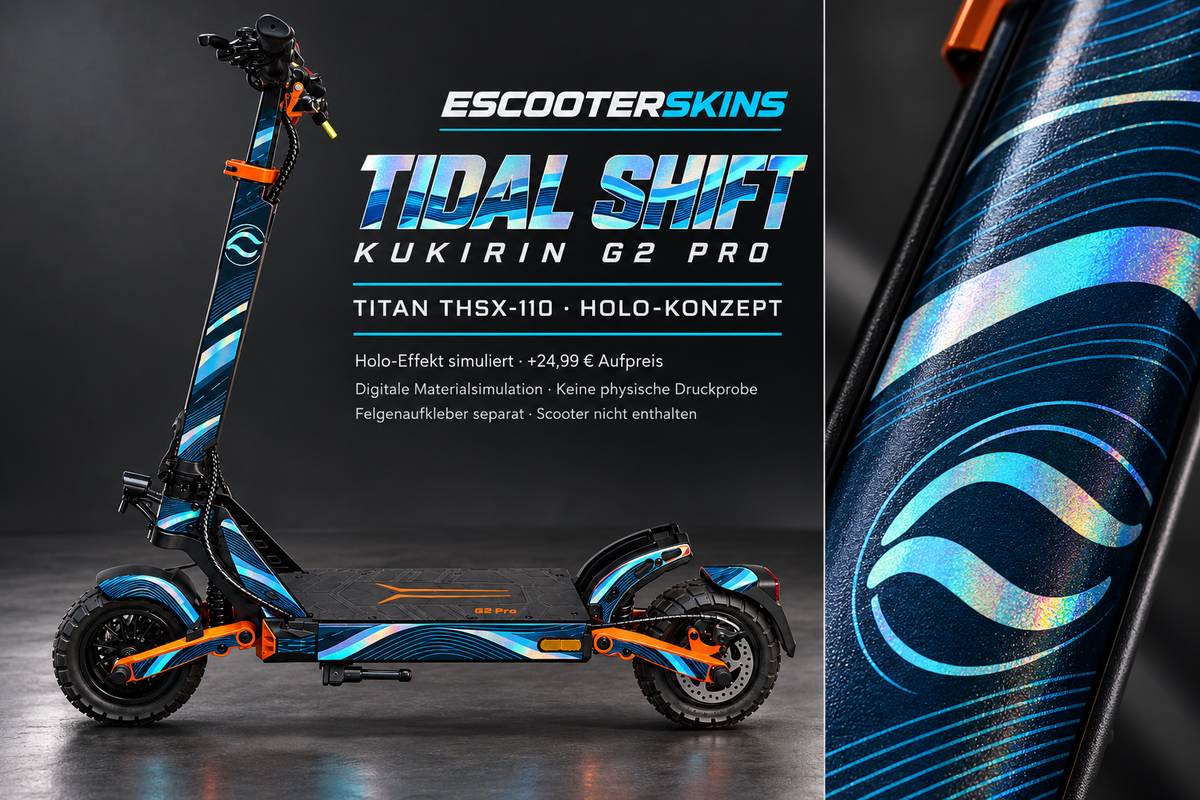 KUKIRIN G2 PRO SKIN | TIDAL SHIFT – Holo-Effekt simuliert; +24,99 EUR Aufpreis. Digitale Materialsimulation, keine physische Druckprobe. Nur Body-Skin; Trittbrett und Felgenaufkleber separat; Scooter nicht enthalten.