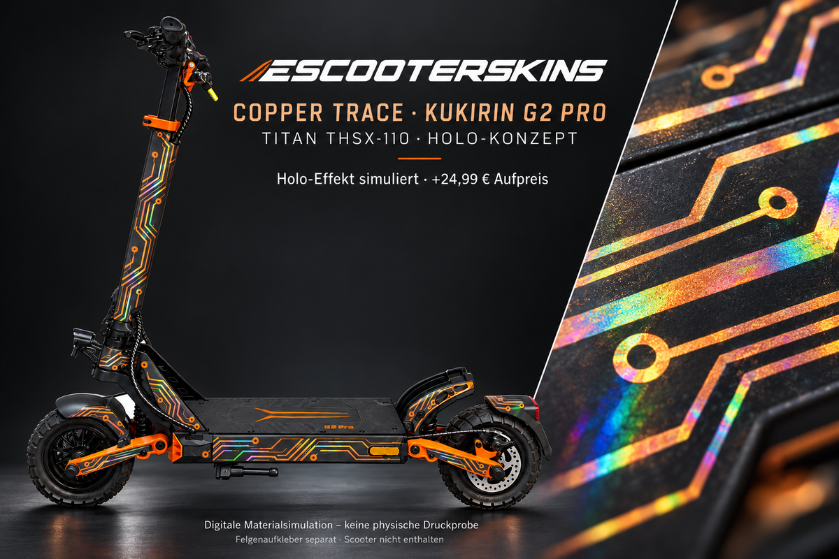KUKIRIN G2 PRO SKIN | COPPER TRACE – Holo-Effekt simuliert; +24,99 EUR Aufpreis. Digitale Materialsimulation, keine physische Druckprobe. Nur Body-Skin; Scooter und Felgenaufkleber nicht enthalten.