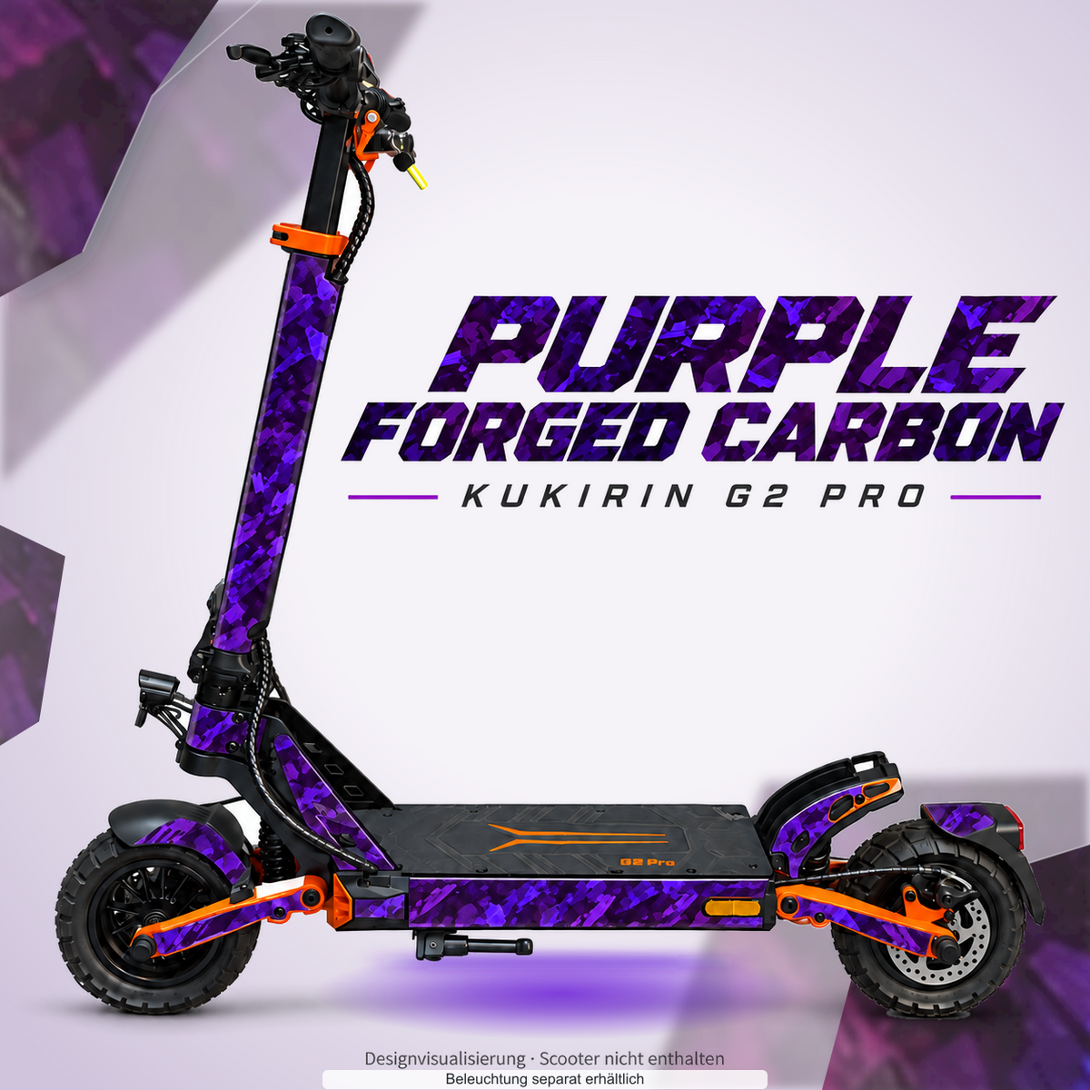 KUKIRIN G2 PRO SKIN | PURPLE FORGED CARBON – Designvisualisierung mit farblich passendem Lichtschein. Scooter nicht enthalten; Beleuchtung separat erhältlich.