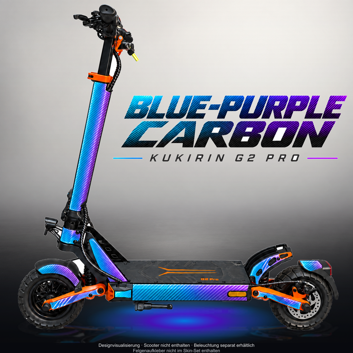 KUKIRIN G2 PRO SKIN | BLUE-PURPLE CARBON – Designvisualisierung mit Licht in der Skinfarbe; Scooter nicht enthalten, Beleuchtung separat erhältlich