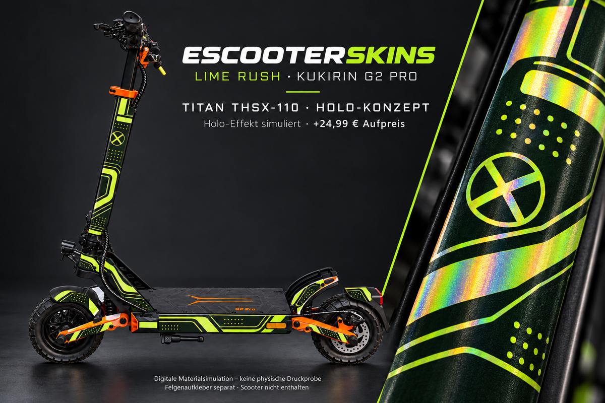 KUKIRIN G2 PRO SKIN | LIME RUSH – Holo-Effekt simuliert; +24,99 EUR Aufpreis. Digitale Materialsimulation, keine physische Druckprobe. Nur Body-Skin; Scooter und Felgenaufkleber nicht enthalten.
