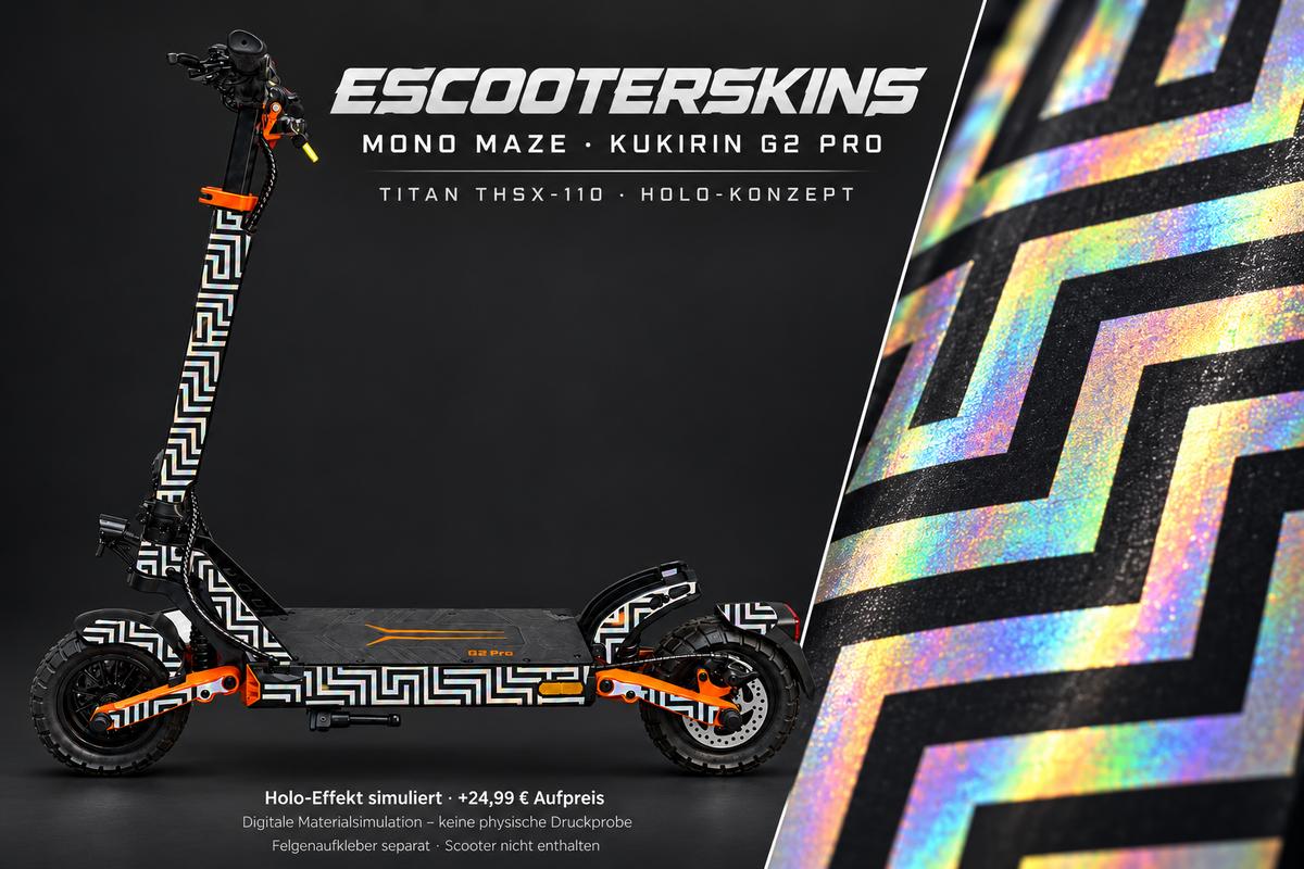 KUKIRIN G2 PRO SKIN | MONO MAZE – Holo-Effekt simuliert; +24,99 EUR Aufpreis. Digitale Materialsimulation, keine physische Druckprobe. Nur Body-Skin; Scooter und Felgenaufkleber nicht enthalten.