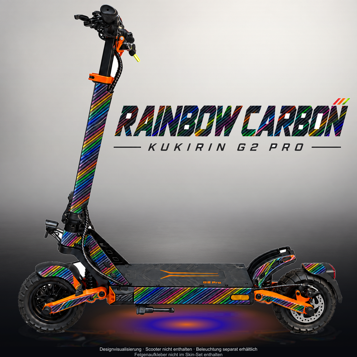 KUKIRIN G2 PRO SKIN | RAINBOW CARBON – Designvisualisierung mit Licht in der Skinfarbe; Scooter nicht enthalten, Beleuchtung separat erhältlich
