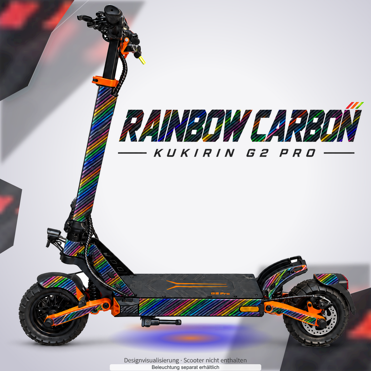 KUKIRIN G2 PRO SKIN | RAINBOW CARBON – Designvisualisierung mit farblich passendem Lichtschein. Scooter nicht enthalten; Beleuchtung separat erhältlich.