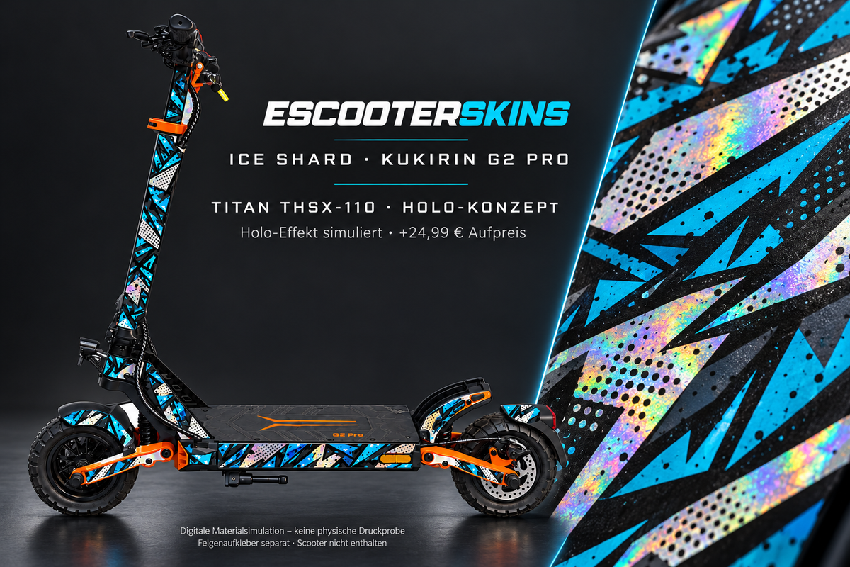 KUKIRIN G2 PRO SKIN | ICE SHARD – Holo-Effekt simuliert; +24,99 EUR Aufpreis. Digitale Materialsimulation, keine physische Druckprobe. Nur Body-Skin; Scooter und Felgenaufkleber nicht enthalten.