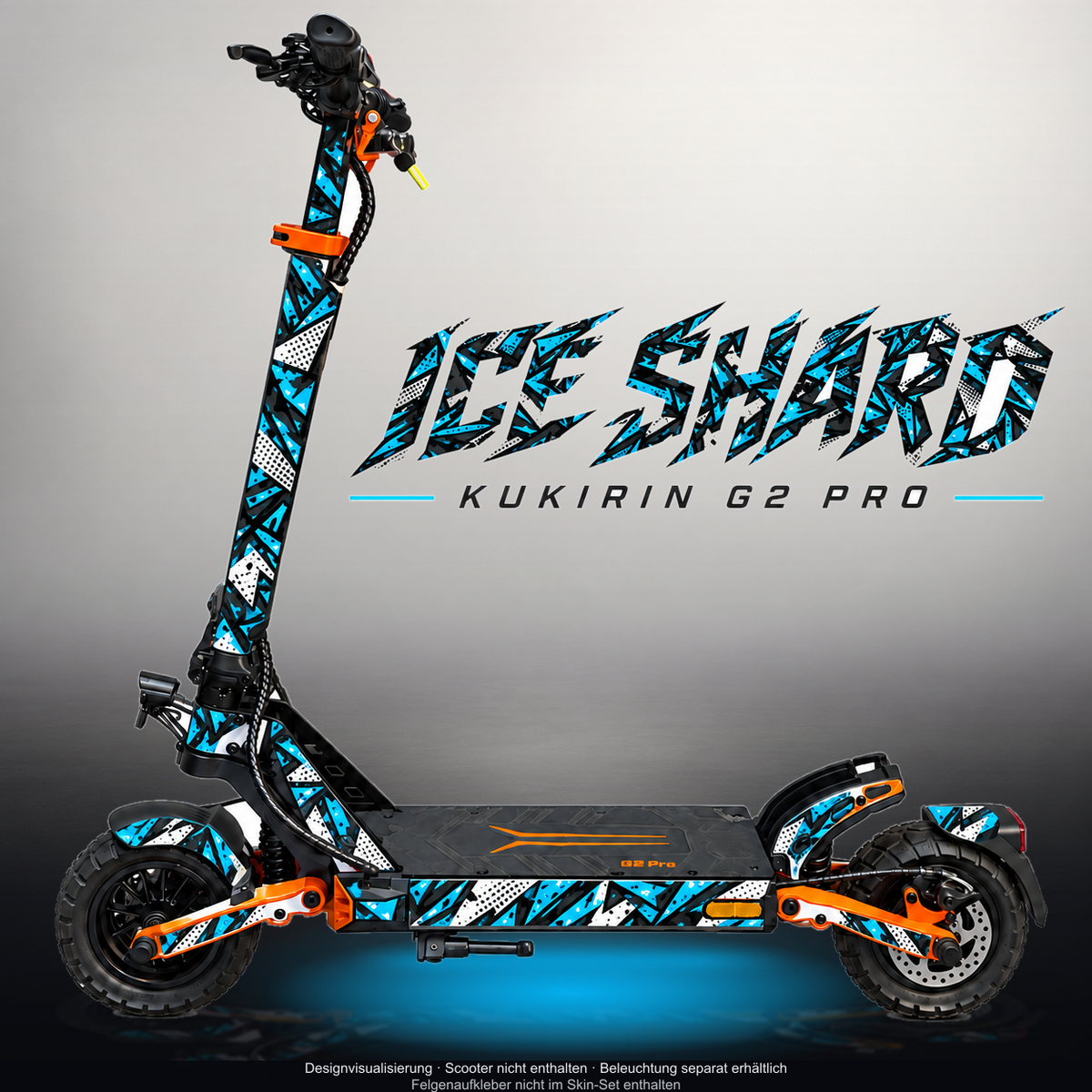 KUKIRIN G2 PRO SKIN | ICE SHARD – Designvisualisierung mit Licht in der Skinfarbe; Scooter nicht enthalten, Beleuchtung separat erhältlich