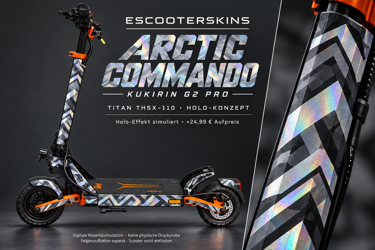 KUKIRIN G2 PRO SKIN | ARCTIC COMMANDO – Holo-Effekt simuliert; +24,99 EUR Aufpreis. Digitale Materialsimulation, keine physische Druckprobe. Nur Body-Skin; Scooter und Felgenaufkleber nicht enthalten.