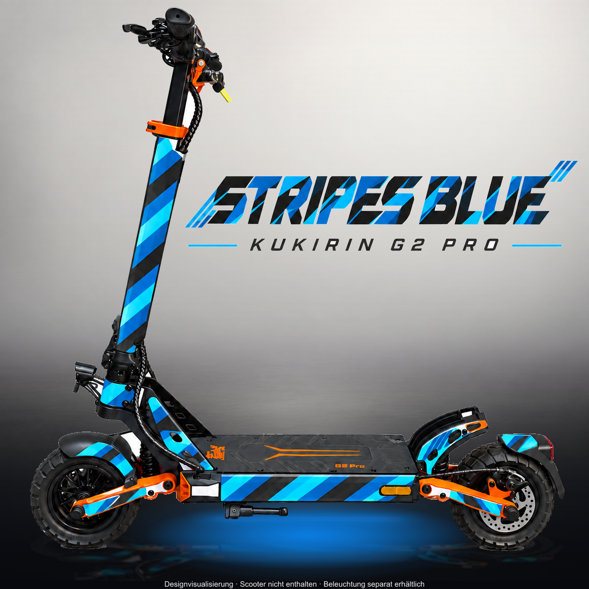 KUKIRIN G2 PRO SKIN | STRIPES BLUE – Designvisualisierung im Studio-Look mit Licht in der Skinfarbe; Scooter nicht enthalten, Beleuchtung separat erhältlich