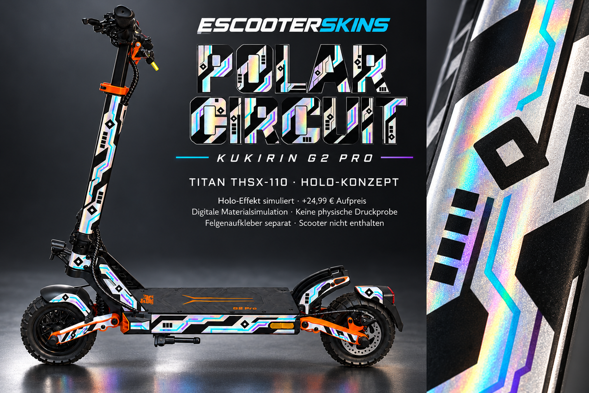 KUKIRIN G2 PRO SKIN | POLAR CIRCUIT – Holo-Effekt simuliert; +24,99 EUR Aufpreis. Digitale Materialsimulation, keine physische Druckprobe. Nur Body-Skin; Scooter und Felgenaufkleber nicht enthalten.